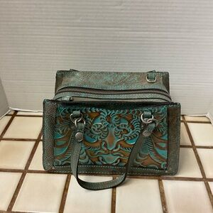 Patricia Nash Bag Satchel Crossbody Detachable Strap Turquoise Embossed Purse